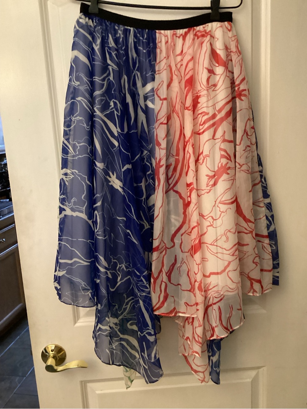 Marina Moscone Collective Multi Print Pleated Asymmetric Handkerchief Midi Skirt